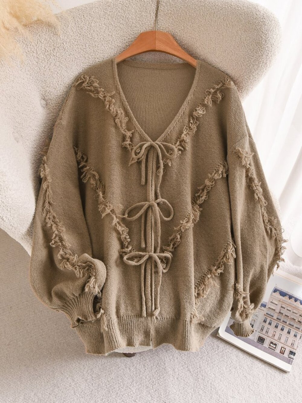 Brown Casual Women's Regular Fit V Neck Bishop Sleeve Long Sleeve Knit Cardigan